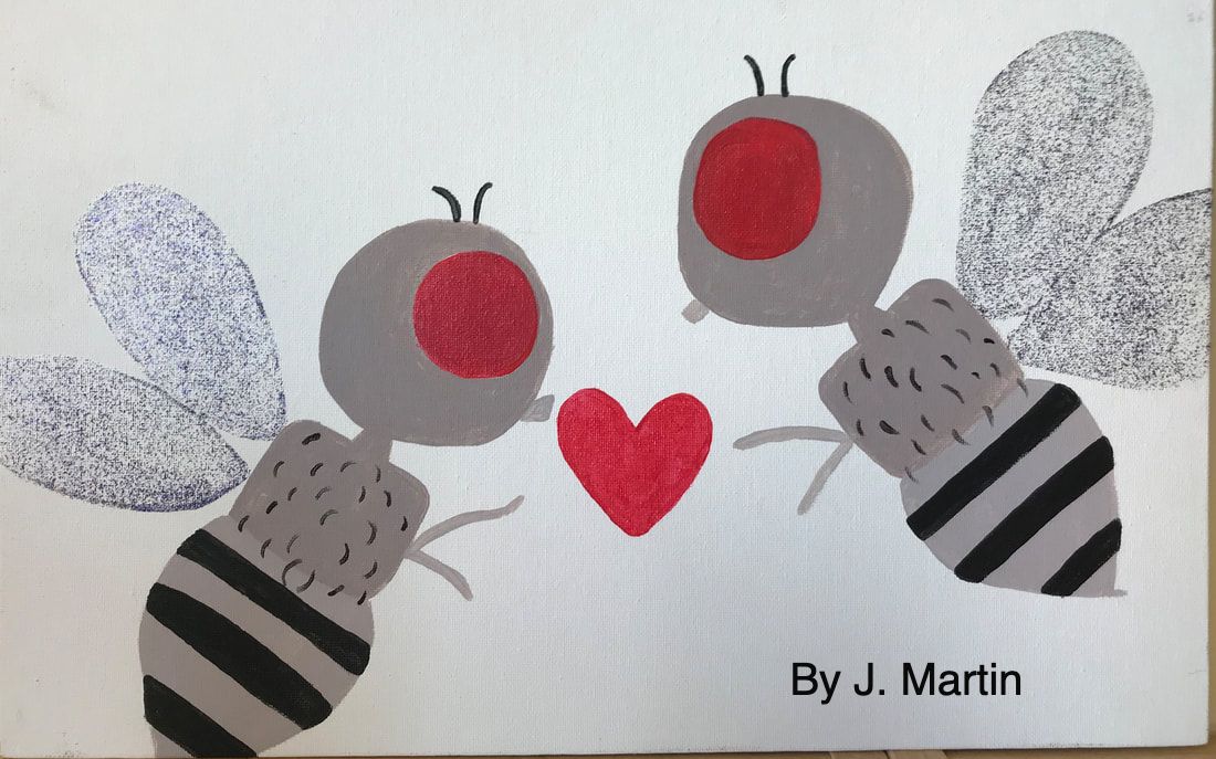 Painting of two fruit flies and a heart made by J. Martin